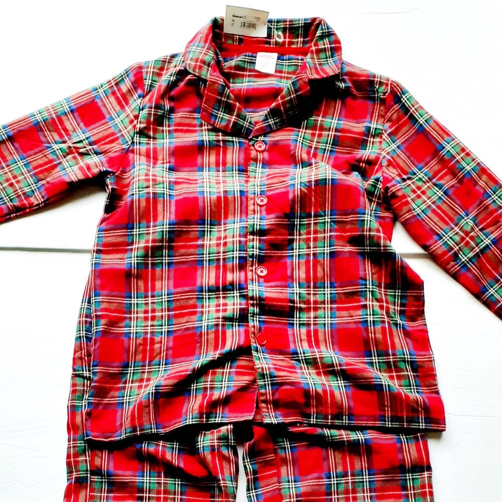 Kids Christmas Pajamas 2 Piece Set Red Plaid Shirt Pants Large 10-12 New